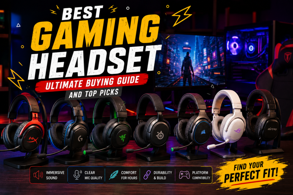 Collection of top gaming headsets on a gaming desk with RGB lighting