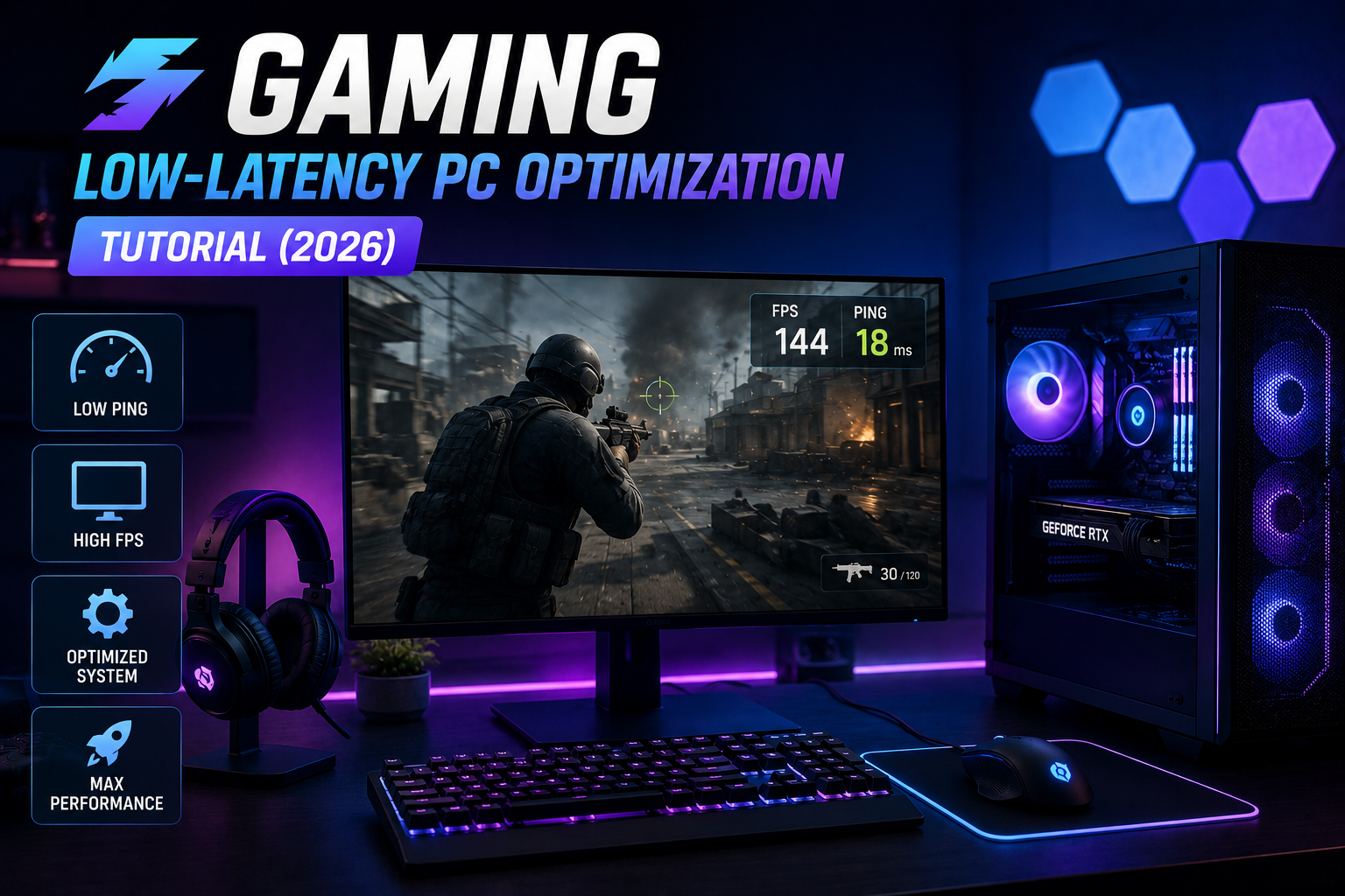 Gamer optimizing PC settings for low-latency gaming on a high-performance desktop in 2026