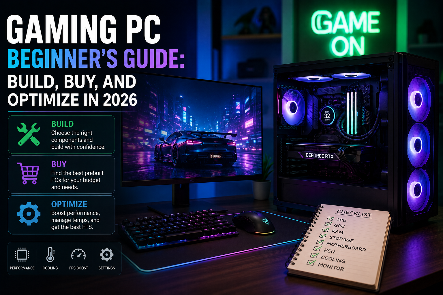 Open mid-tower gaming PC showing GPU, CPU cooler, RAM with RGB lighting on a modern desk