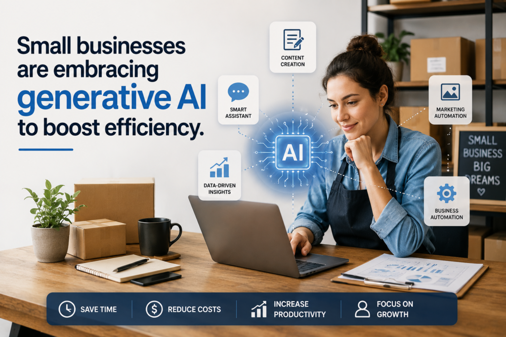 Small business team using generative AI tools on laptops with holographic data visualizations