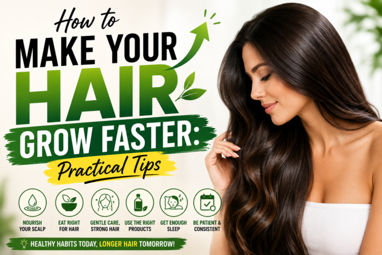 Hands massaging scalp of a person with healthy long hair, with haircare products softly visible