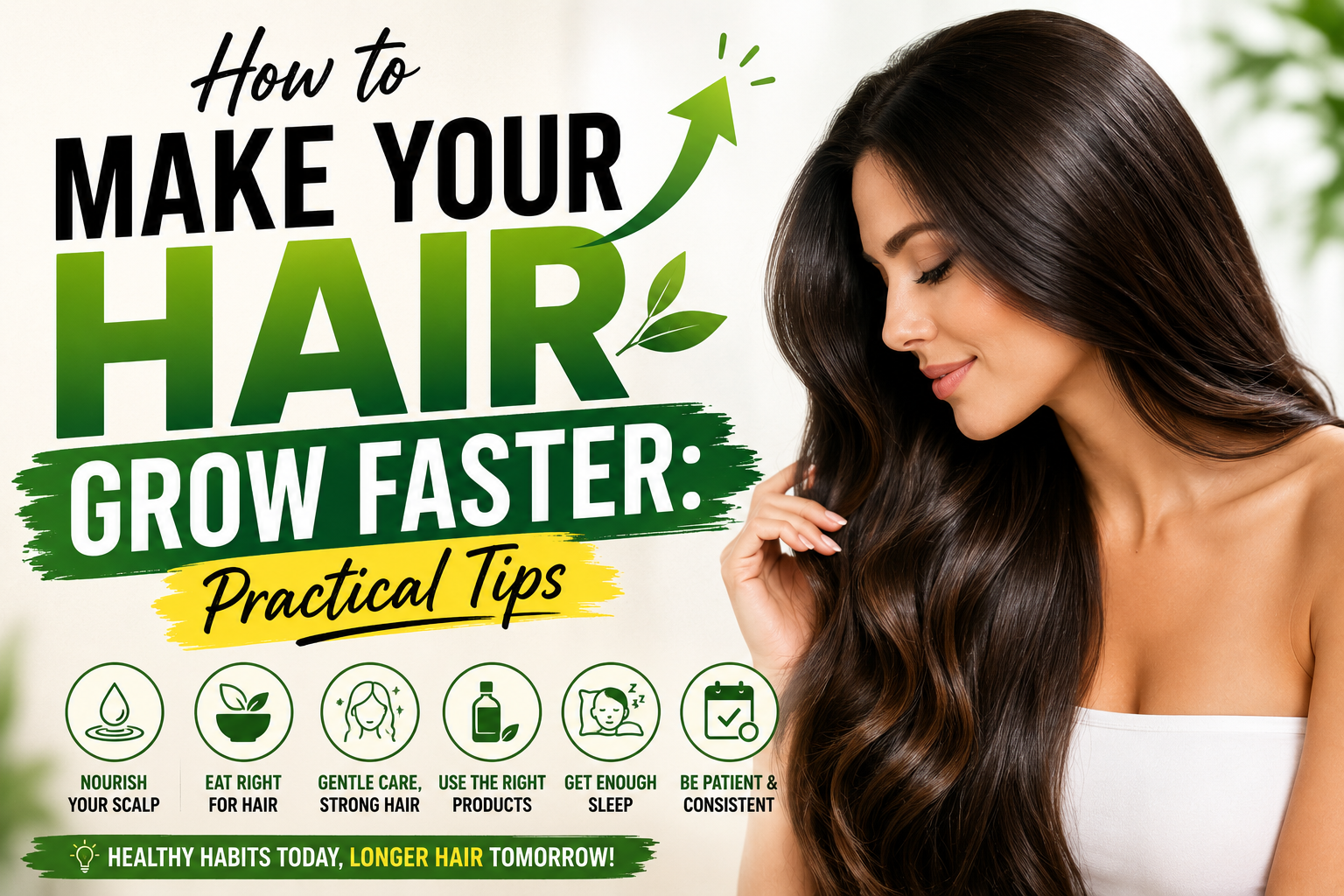 Hands massaging scalp of a person with healthy long hair, with haircare products softly visible