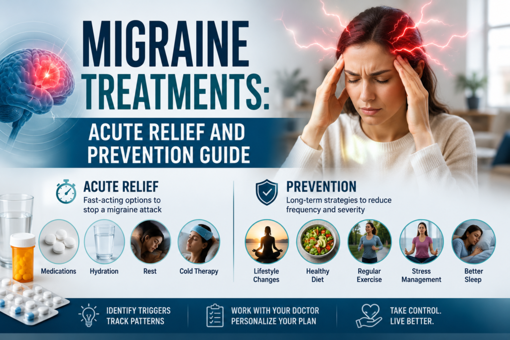 Person with migraine holding head, ice pack and medications