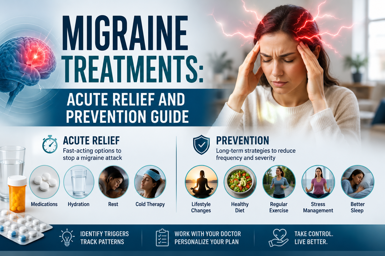Person with migraine holding head, ice pack and medications
