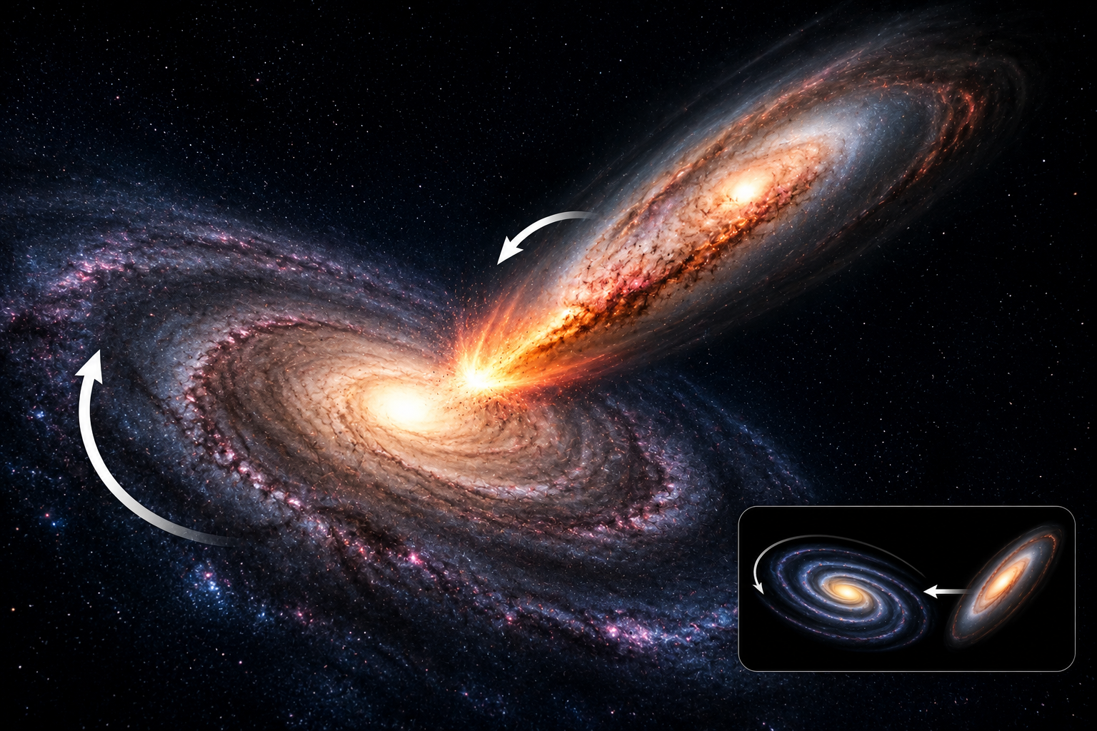 Artistic rendering of the Milky Way flipped after collision with the Gaia Sausage dwarf galaxy