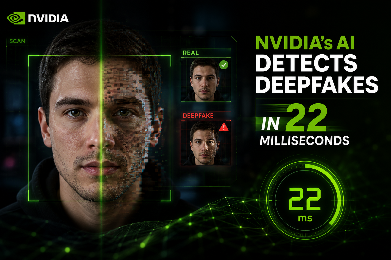 Interface showing NVIDIA Synthetic Video Detector labeling a video as synthetic in real time