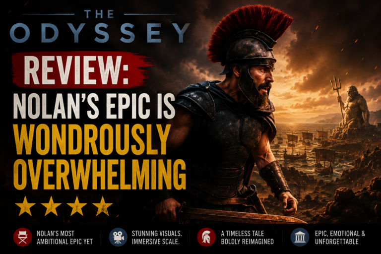 Ship approaching mountainous coastline at sunset from Nolan’s The Odyssey, cinematic IMAX scale