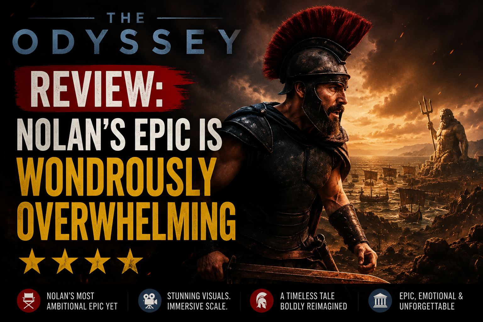 Ship approaching mountainous coastline at sunset from Nolan’s The Odyssey, cinematic IMAX scale