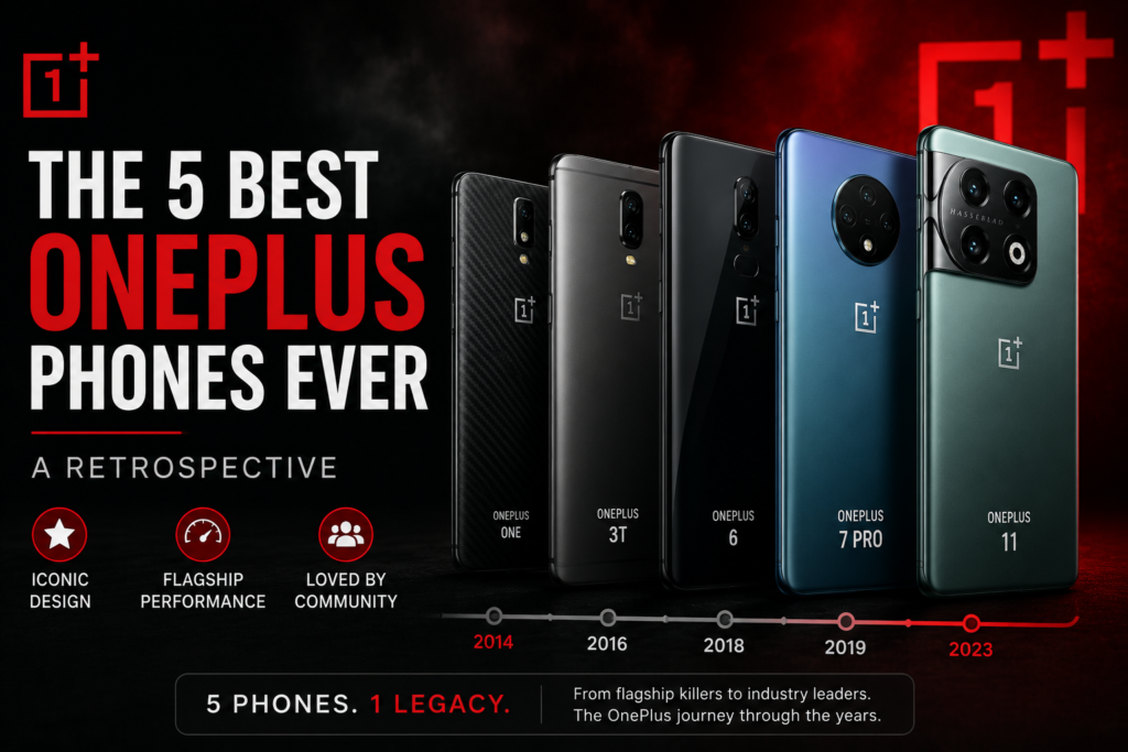 Collage of five top OnePlus phones including OnePlus One, 7 Pro, Open, 13 and 15