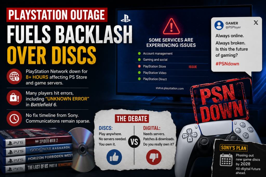 Gamer frustrated by PlayStation Network outage with disc and controller nearby