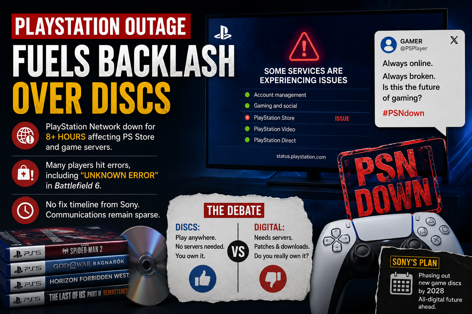 Gamer frustrated by PlayStation Network outage with disc and controller nearby