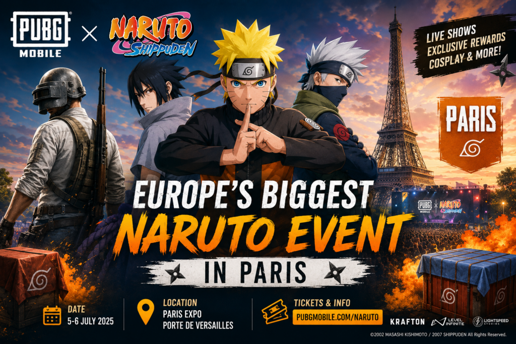 Crowd of fans in Naruto cosplay running the Naruto Run in Paris with PUBG MOBILE x NARUTO SHIPPUDEN branding