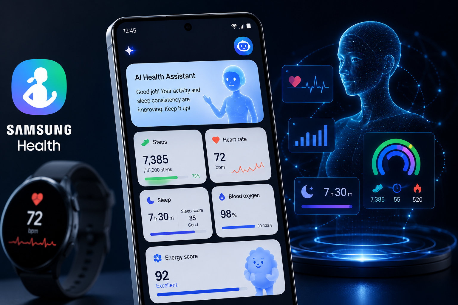 Galaxy Watch and Galaxy Ring displaying AI-driven health charts from Samsung Health Assistant