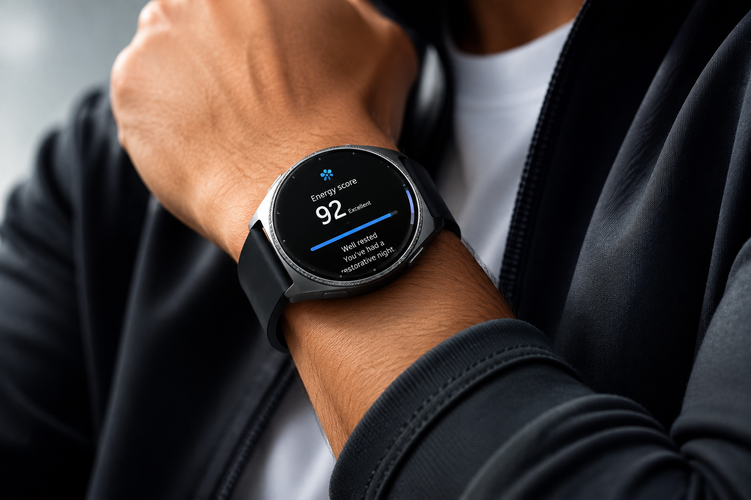 Samsung-style smartwatch on wrist showing AI-driven health metrics and sleep graph