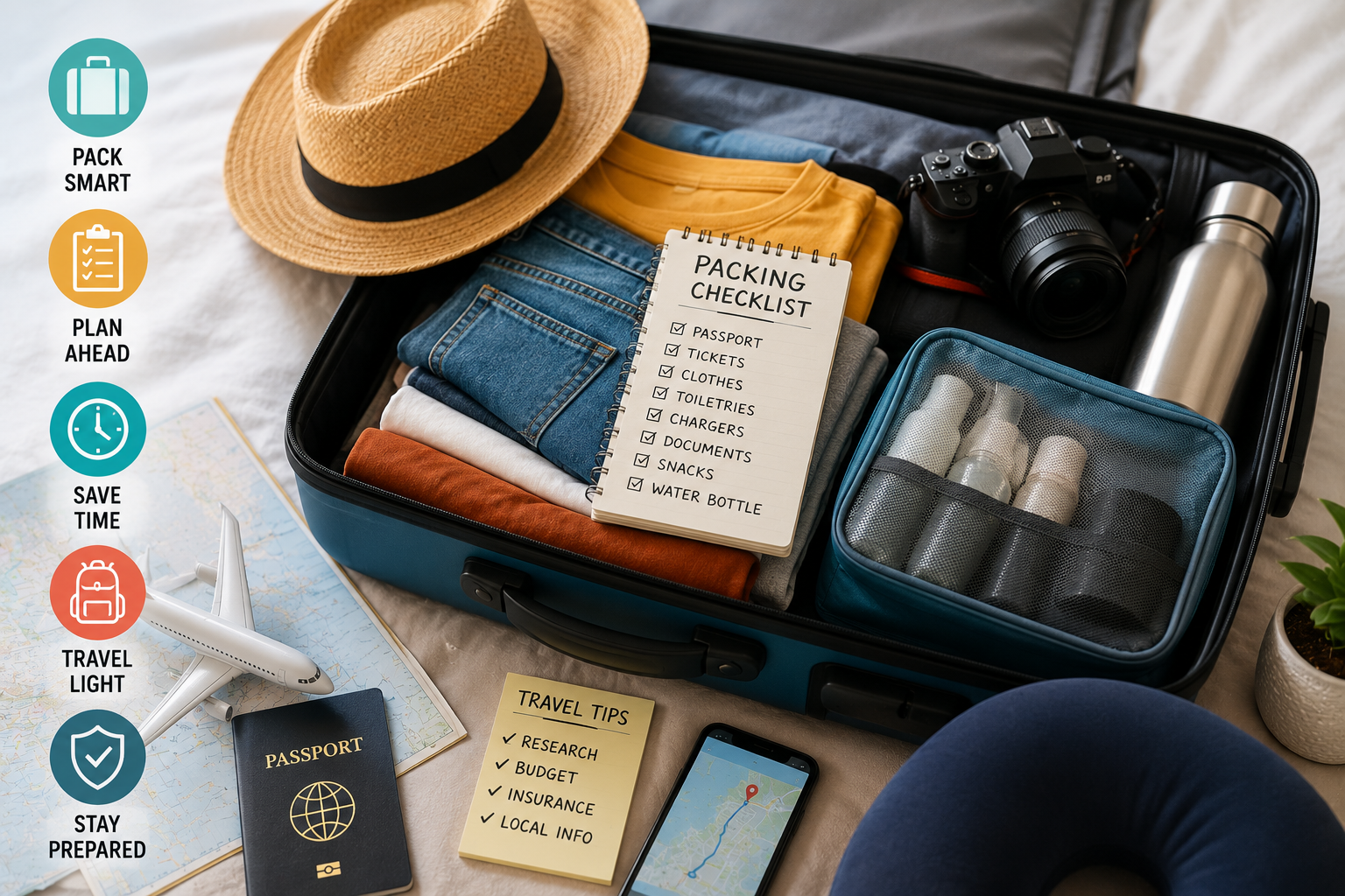Open suitcase with packing cubes, rolled clothes, toiletries, passport and boarding pass showcasing efficient travel packing tips