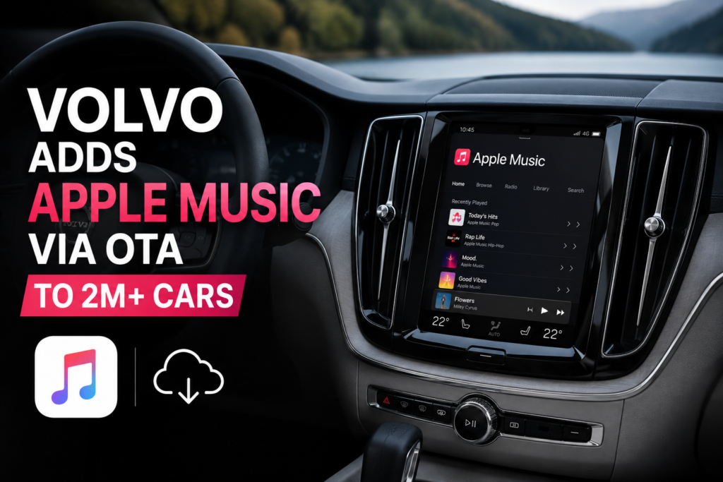 Volvo infotainment screen displaying Apple Music in a modern Volvo interior