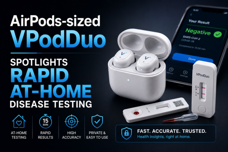 AirPods-sized VPodDuo fluorescence reader next to smartphone showing test results