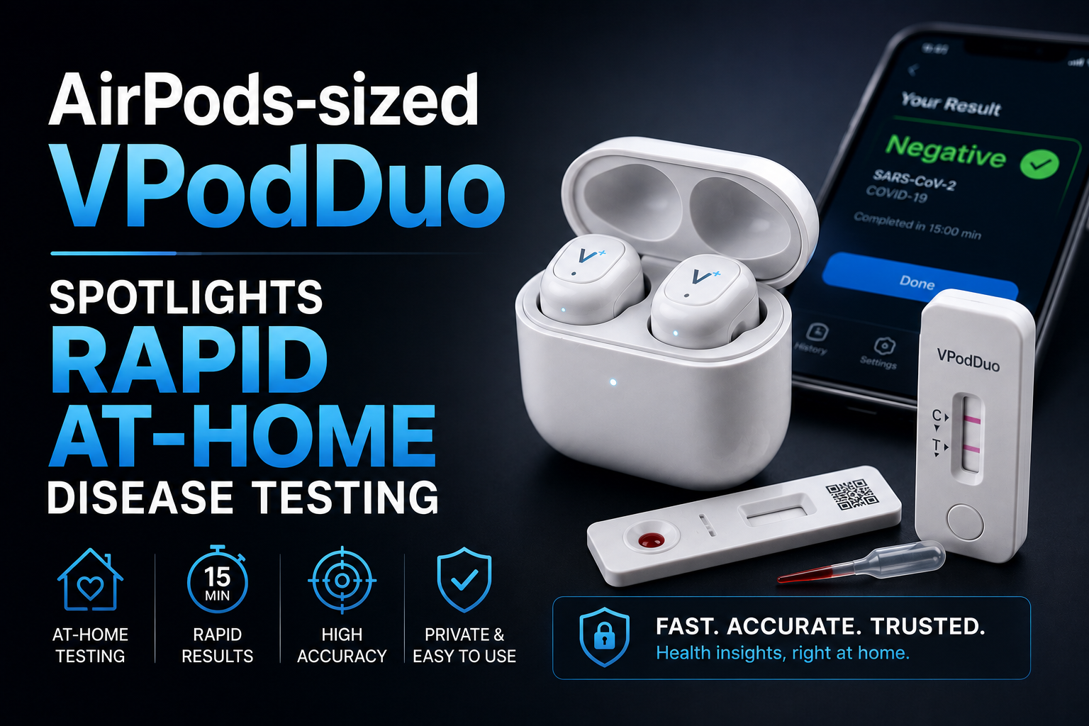 AirPods-sized VPodDuo fluorescence reader next to smartphone showing test results