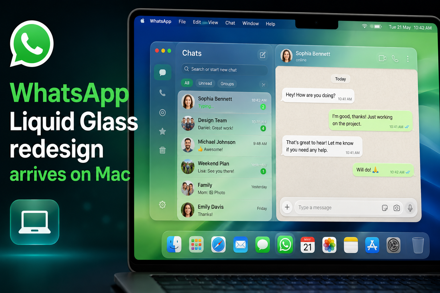 Mac displaying WhatsApp Liquid Glass redesign with sidebar showing Locked Chats and Communities