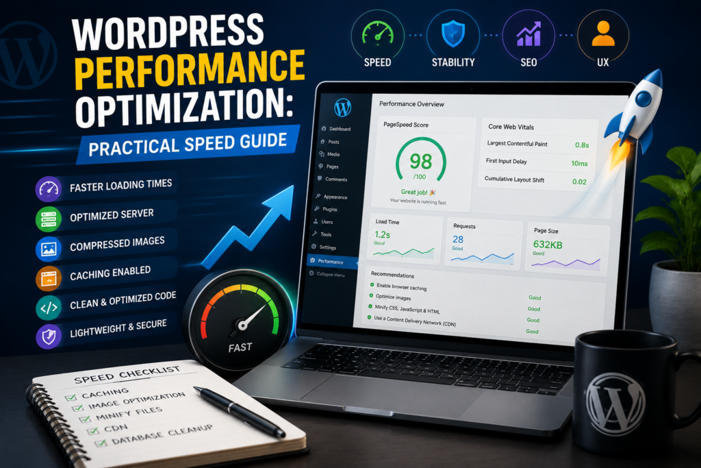 Dashboard showing WordPress performance metrics and optimization tools