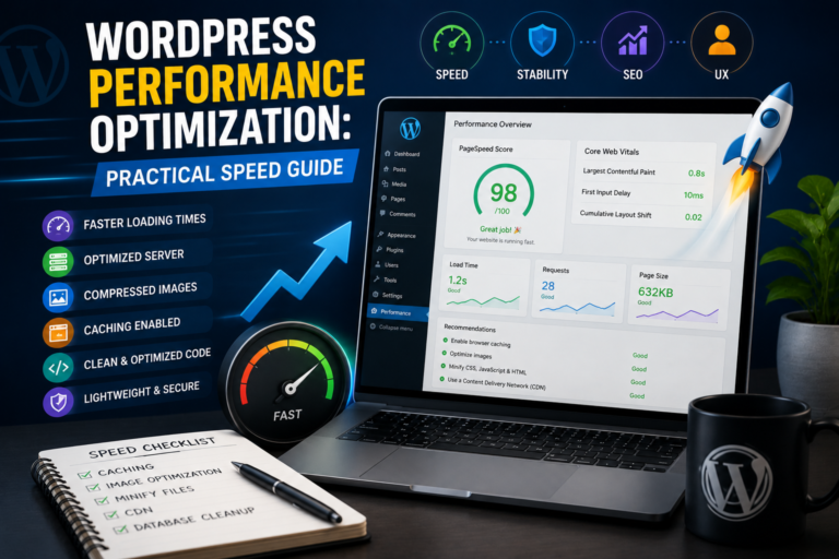 Dashboard showing WordPress performance metrics and optimization tools