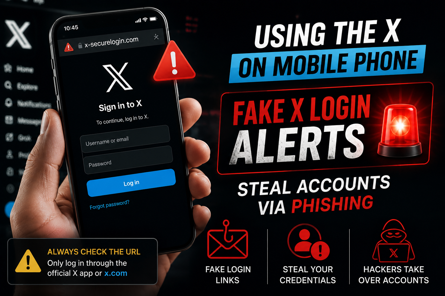 Phishing email mimicking X with suspicious link highlighted and warning icon