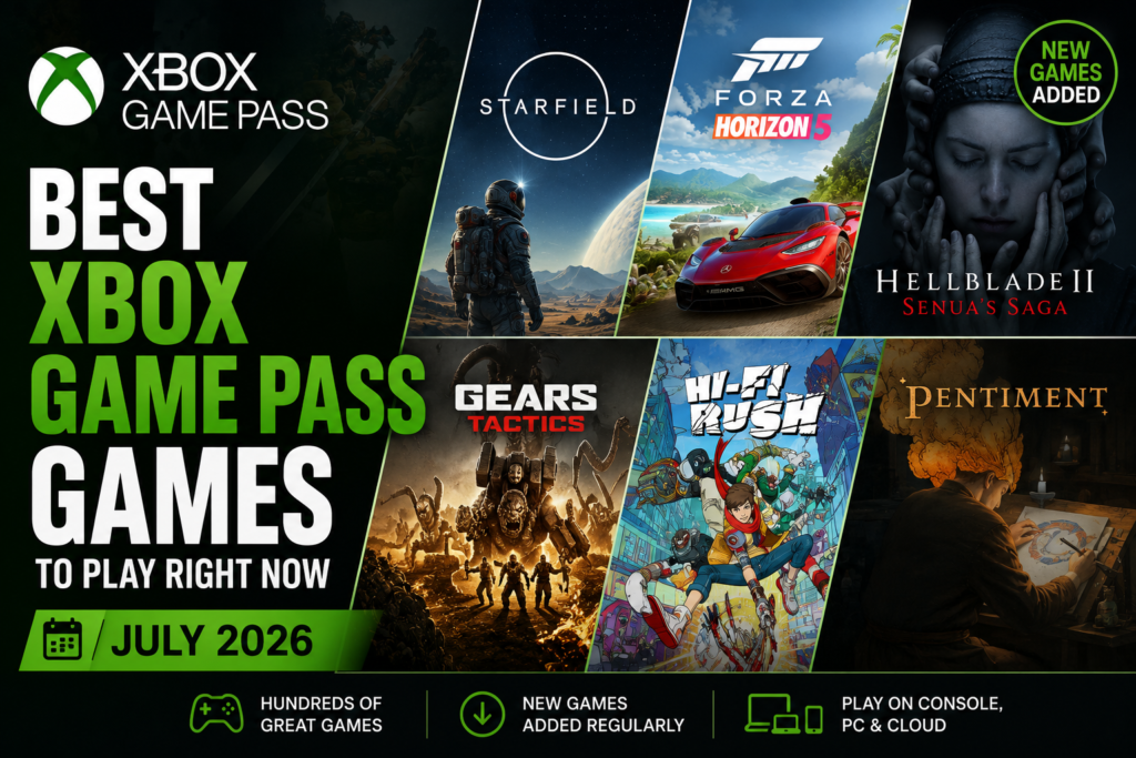 Collage of top Xbox Game Pass games July 2026 including Gears of War, Palworld, Halo and Planet Crafter