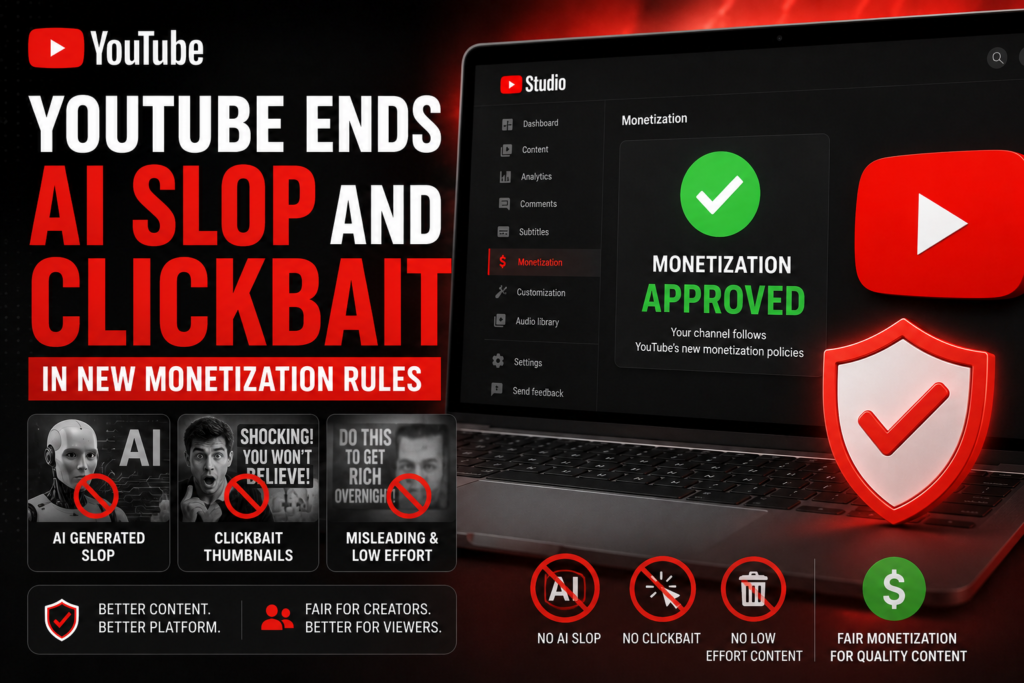 YouTube interface showing demonetized AI-generated thumbnails with a policy shield
