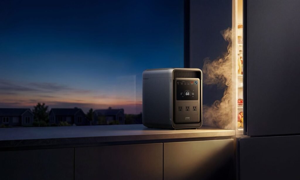 Portable power station with devices connected, showcasing Anker's OptiSave 2.0 efficiency technology