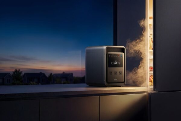 Portable power station with devices connected, showcasing Anker's OptiSave 2.0 efficiency technology