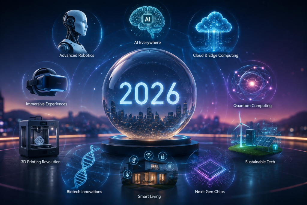Future tech cityscape with flying cars and robots