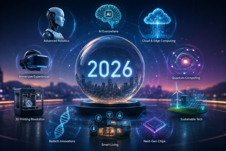 Future tech cityscape with flying cars and robots