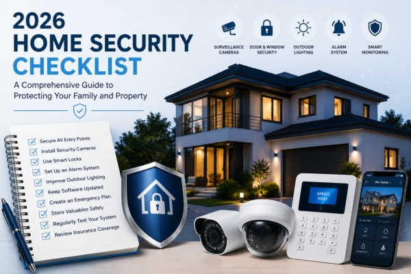 Family standing in front of secure home