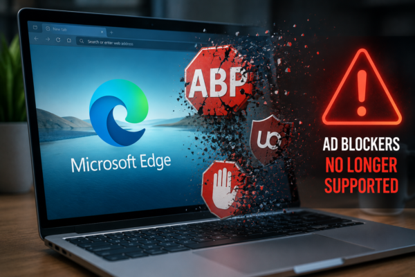Microsoft Edge browser with blocked ad and Manifest V3 notification