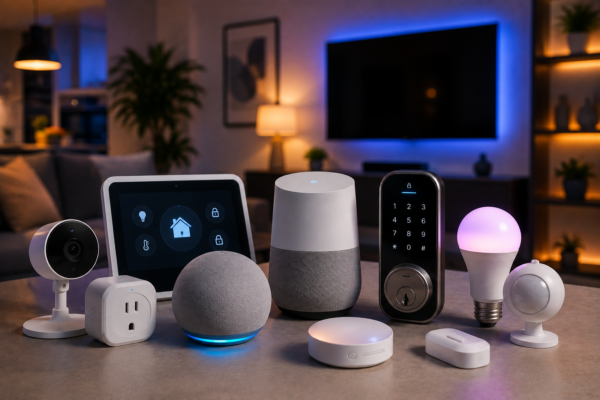 Smart home devices in a living room