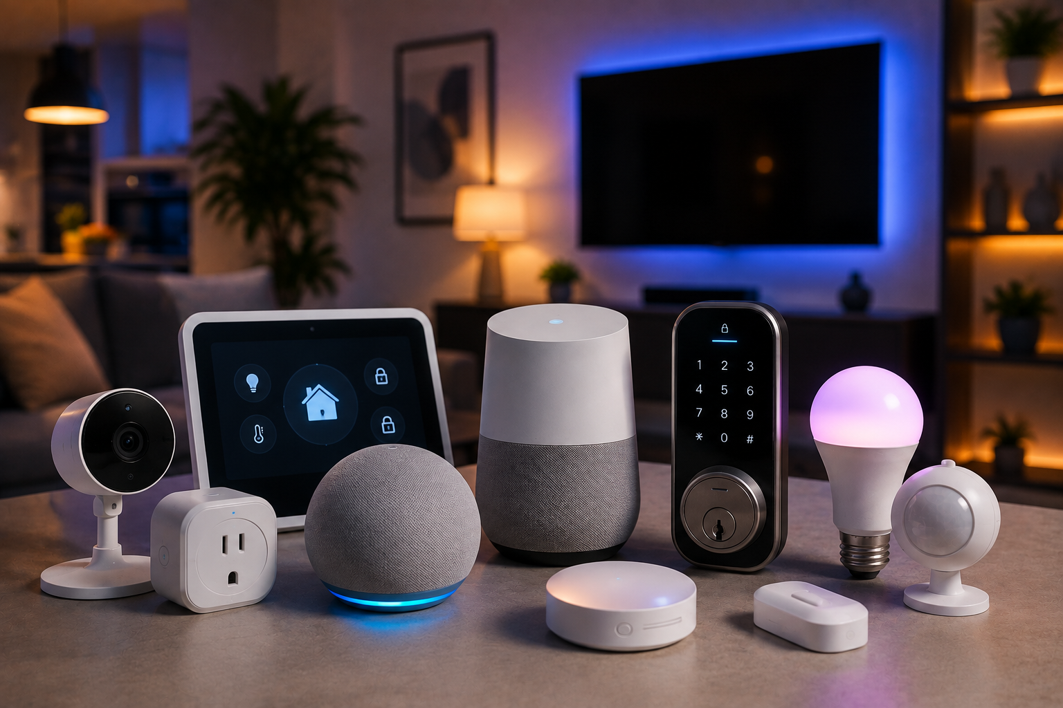 Smart home devices in a living room