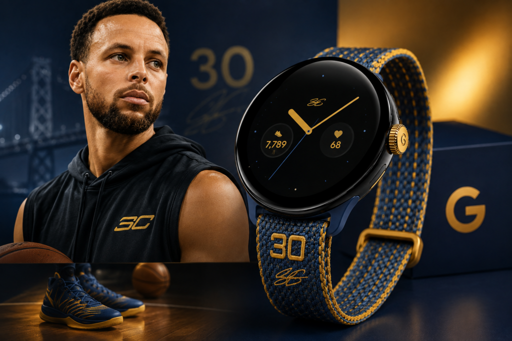 Google Pixel Watch 5 Stephen Curry Special Edition with stone grey and taupe strap